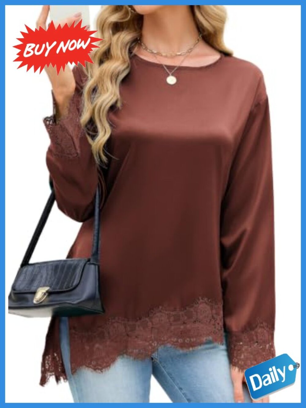 Lace Cuff Long Sleeve Satin Blouse Asymmetrical High Low Top